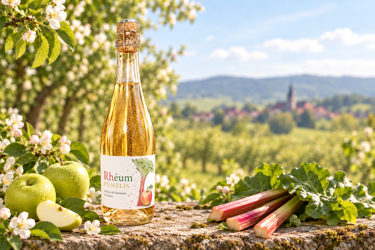 Bouteille de Rhéum POMELIS avec son étiquette officielle, pétillant de rhubarbe et de pomme